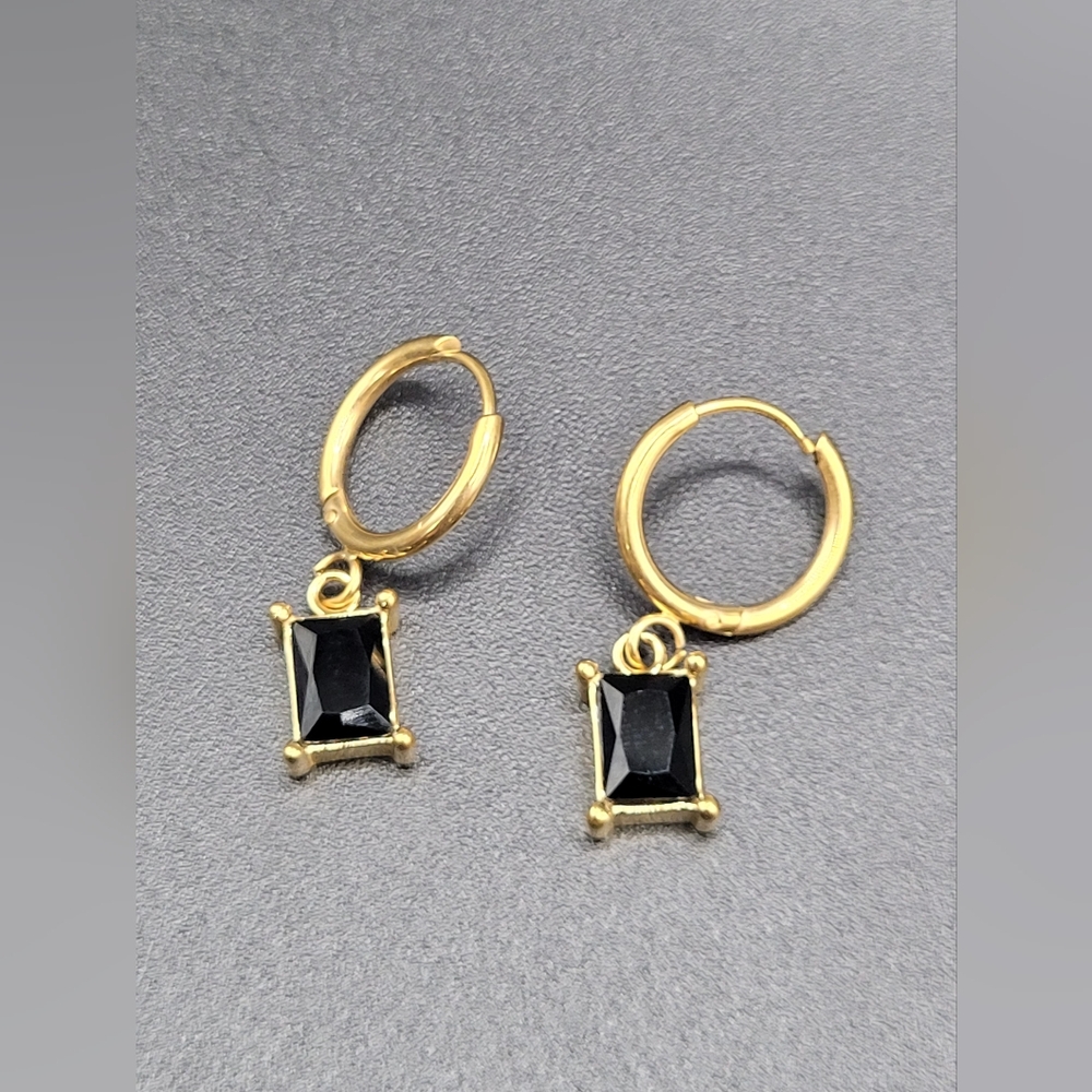 14k gold plated earrings with emerald cut drop styled onyx gemstone.